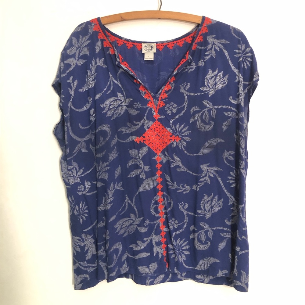 Irving & Fine x Lucky Brand Popover Print Top Embroidered Boho Red Blue Large